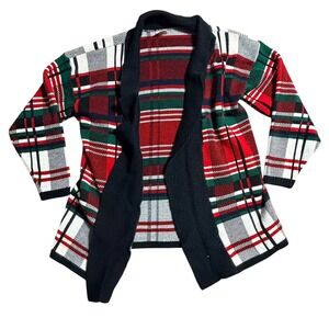 Vtg Huntington Ridge Women Plaid Open Front Cardigan Sweater Rd Grn Shawl Collar